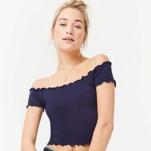 Forever 21 Navy Blue Off The Shoulder Ruffle Edge Top